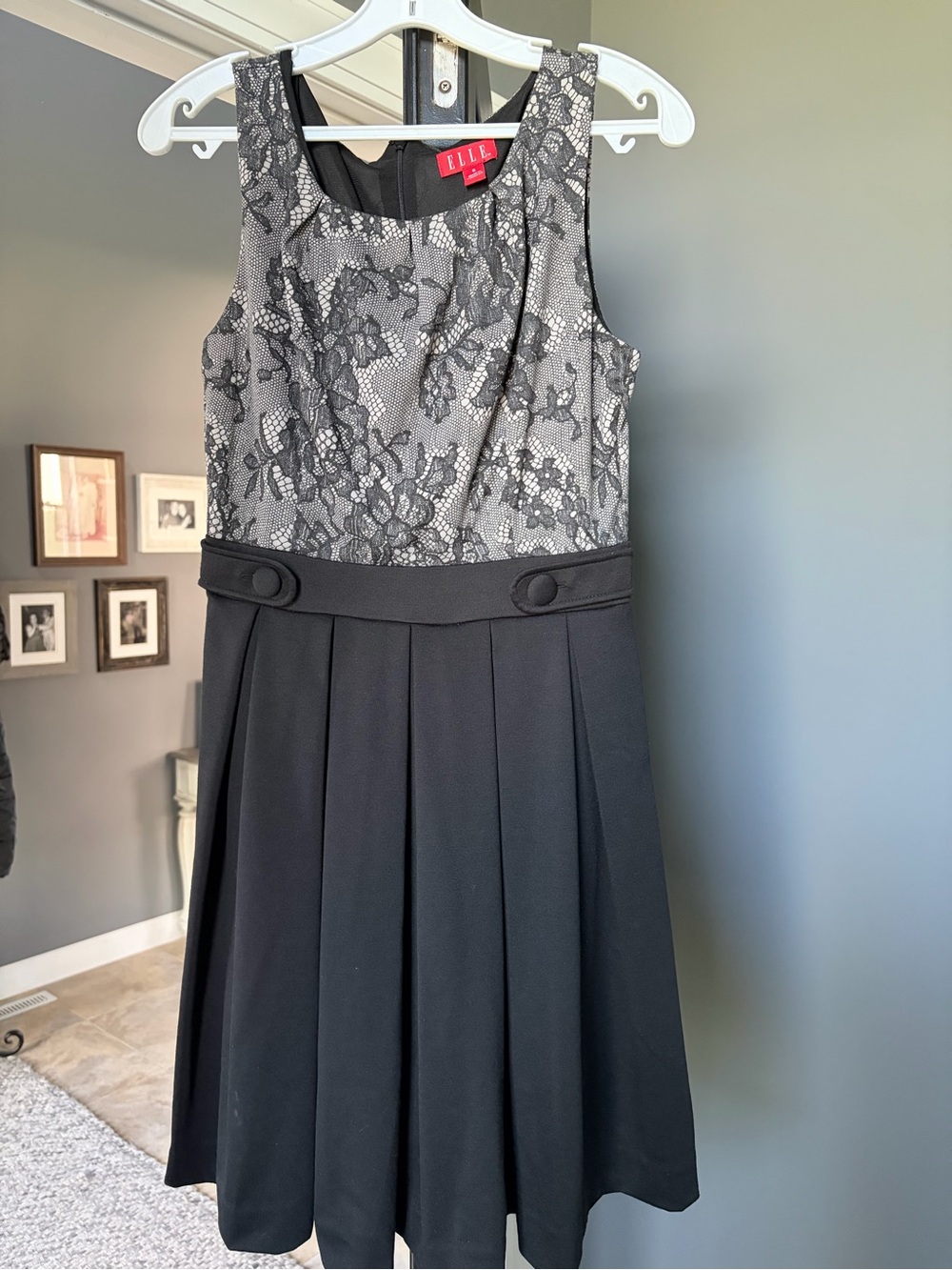Elle Black and Gray Lace-Overlay Fit-and-Flare Dress